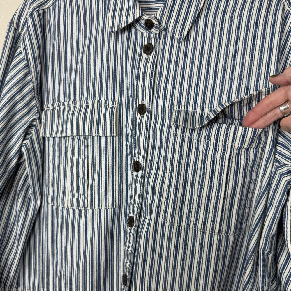 J‎ Crew Cargo Button Up Railroad Stripe Shirt Jacket M Shacket Heritage Utility